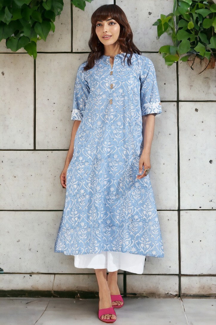 long yoke panel kurta - serene sky & mughal elegance