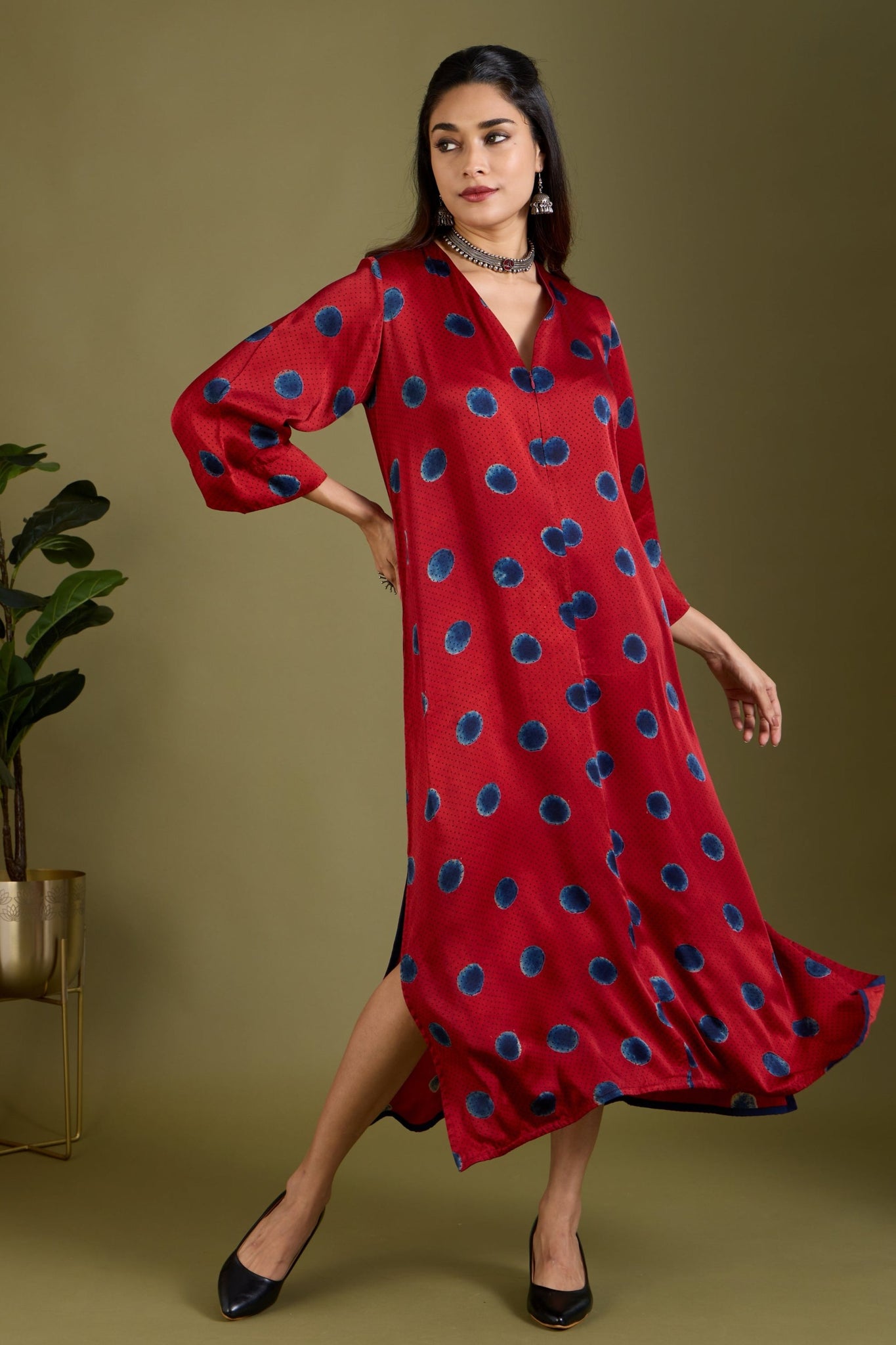 Crimson Constellations Modal Silk Front Zipper Dress