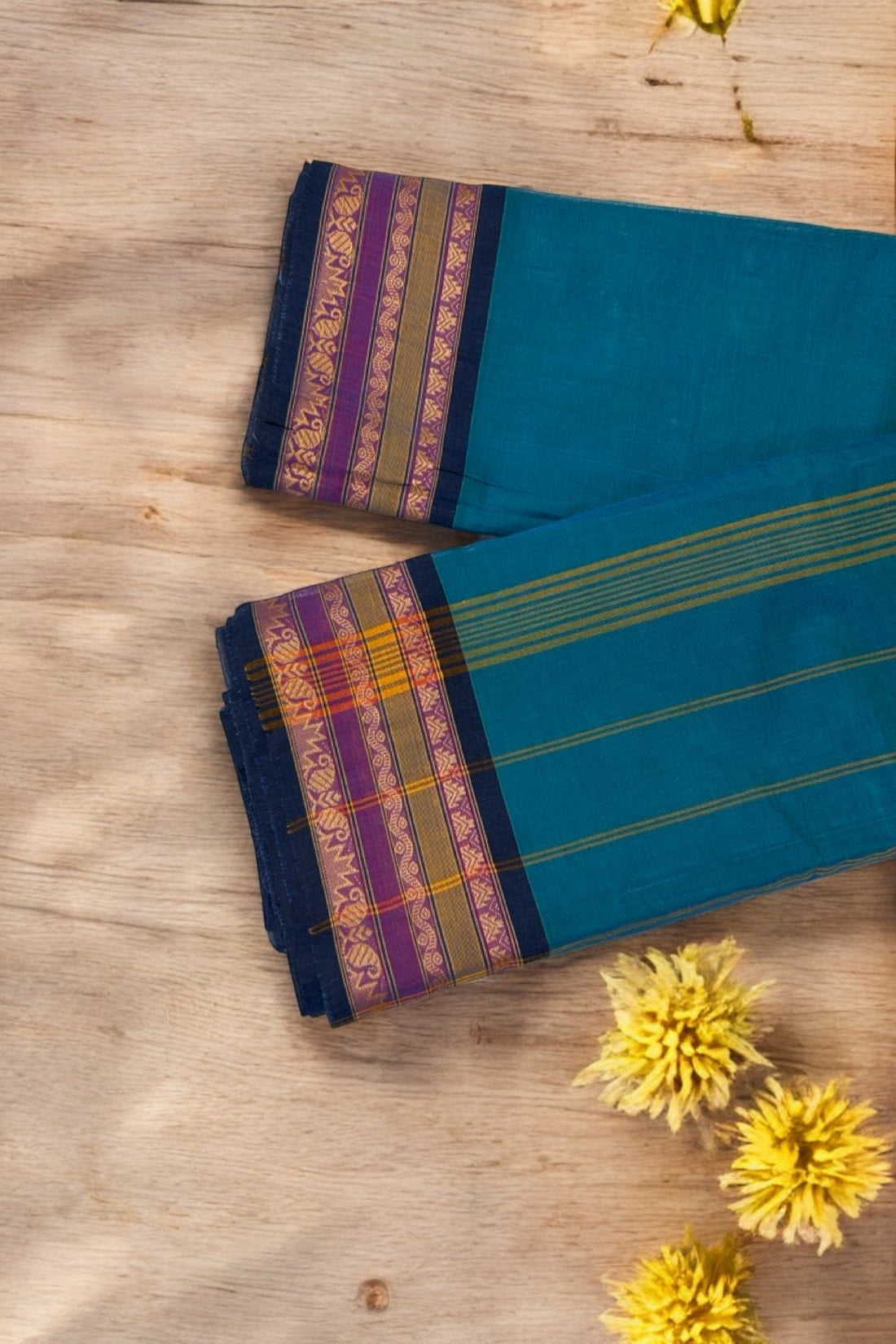 chettinad cotton saree - Marine Blue & Purple Gold Border