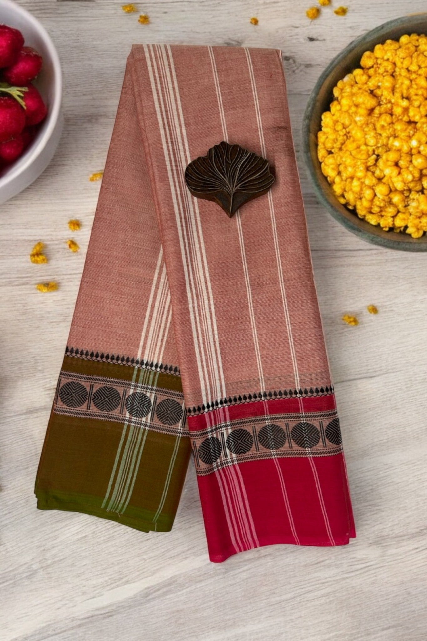 chettinad cotton saree - brick pink & dual border