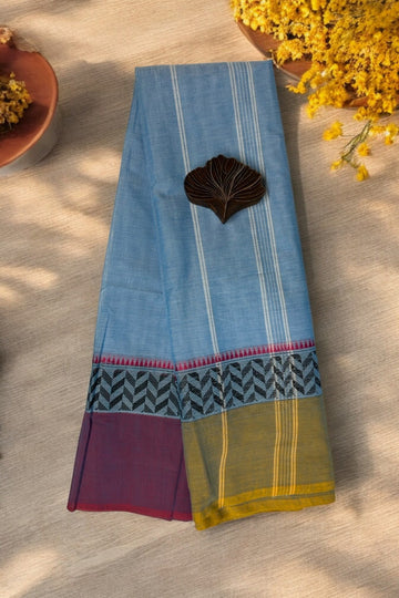 chettinad cotton saree - powder blue & dual border