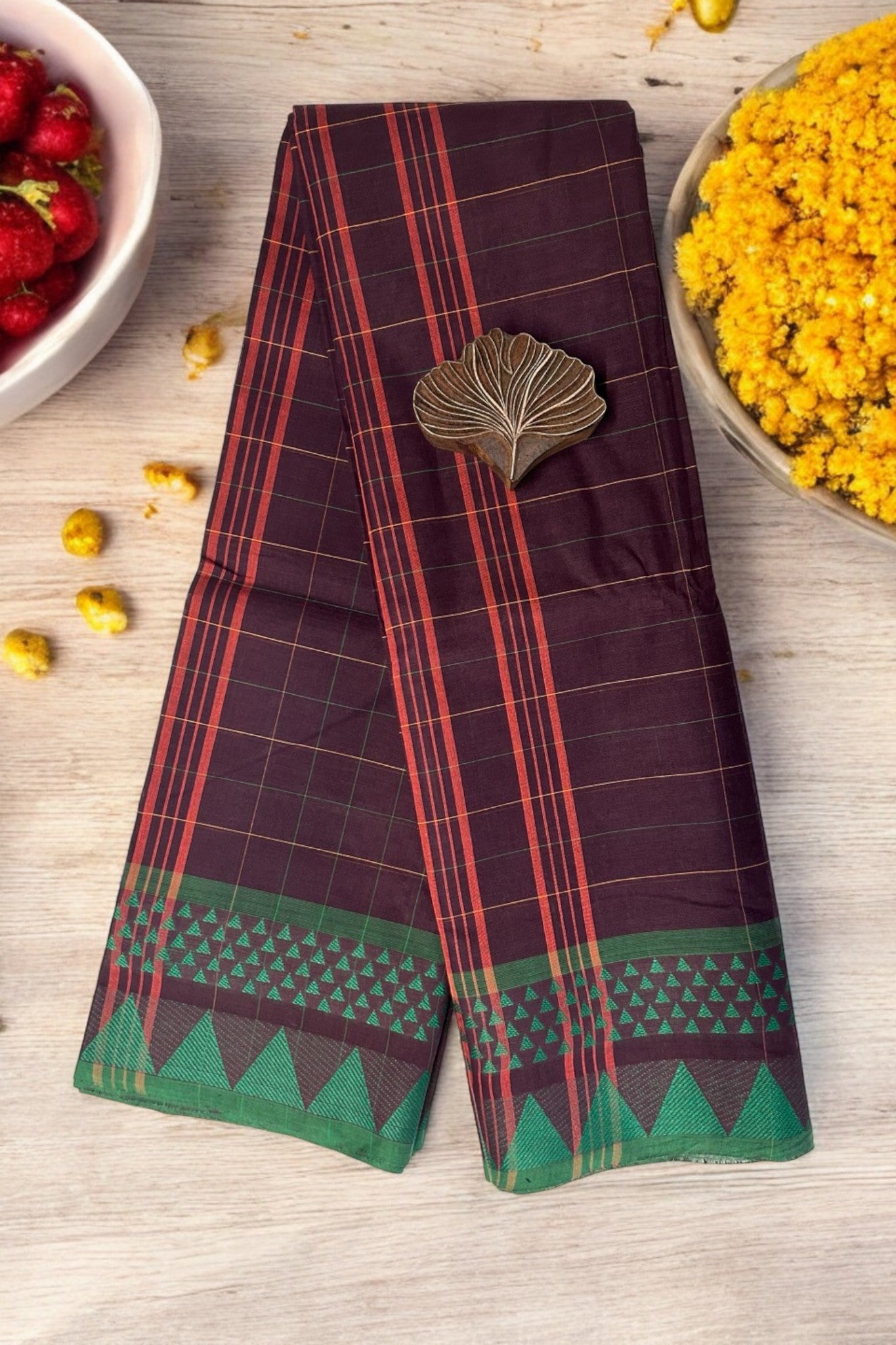 chettinad cotton saree - deep mauve checks & temple border