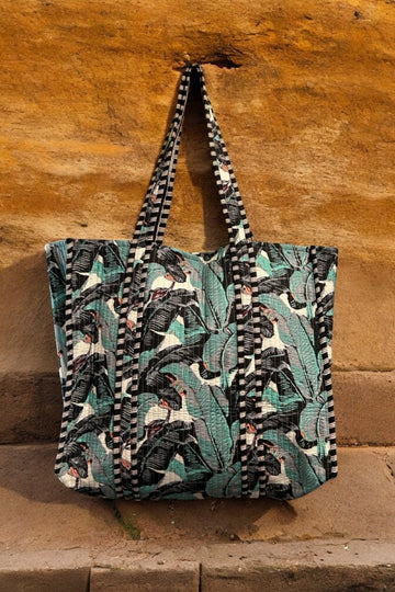 Reversible Cotton Quilted Tote - Teal Monochrome Leaves