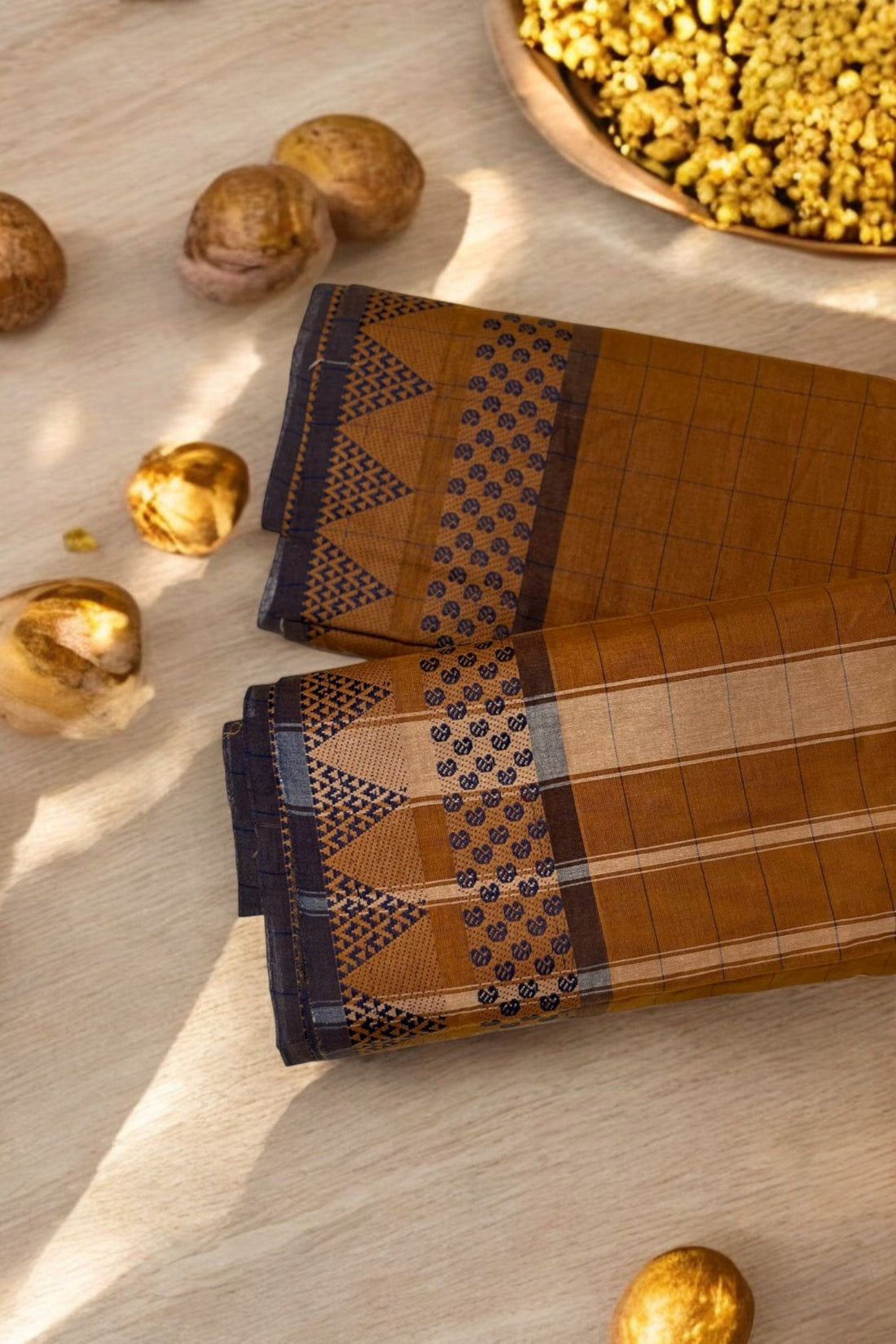 chettinad cotton saree - dark ochre & chequered