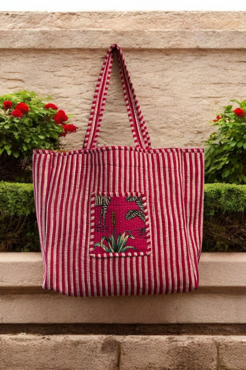 Reversible Cotton Quilted Tote - Pink Jungle