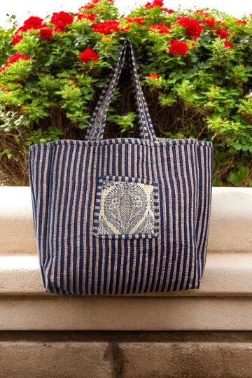 Reversible Cotton Quilted Tote - Indigo Mughal Motif