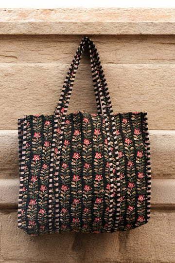 Reversible Cotton Quilted Tote - Black Pink Dahlias