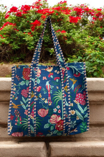 Reversible Cotton Quilted Tote - Blue Bird & Floral Rhapsody