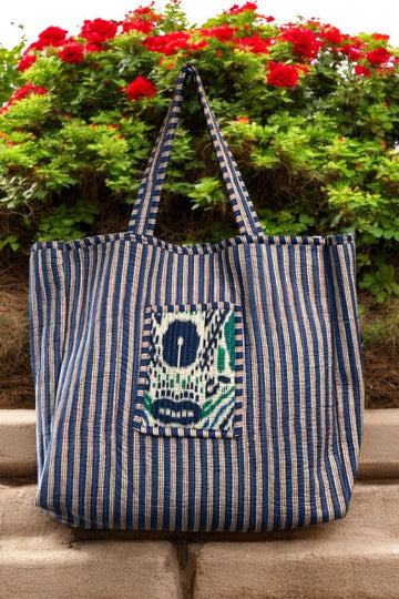 Reversible Cotton Quilted Tote - Blue Boho Hymns