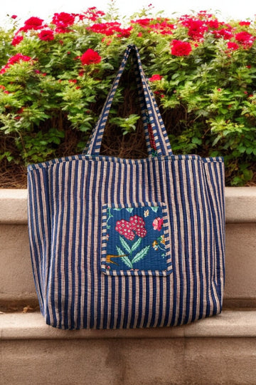 Reversible Cotton Quilted Tote - Blue Rose & Resort Vibes