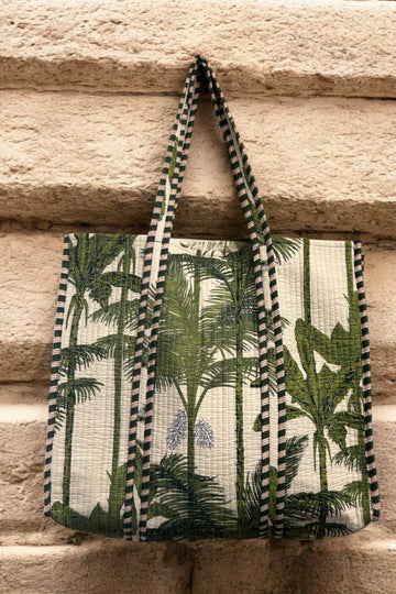 Reversible Cotton Quilted Tote - Ivory Green Palm Trees