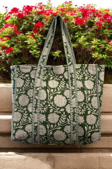 Reversible Cotton Quilted Tote - Dark Green Floral Jaal