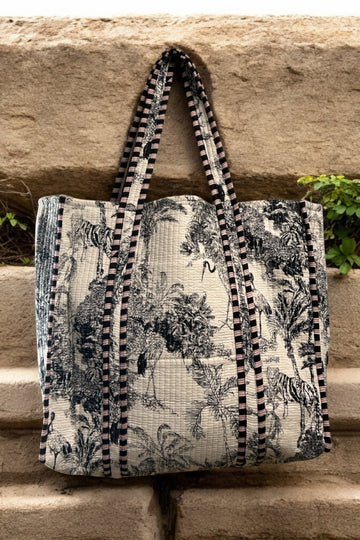 Reversible Cotton Quilted Tote - Monochrome Garden