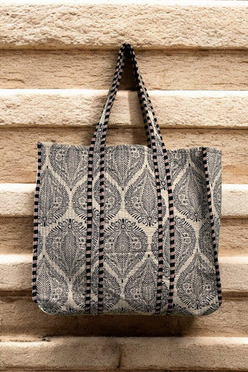 Reversible Cotton Quilted Tote - Monochrome Mughal Motif