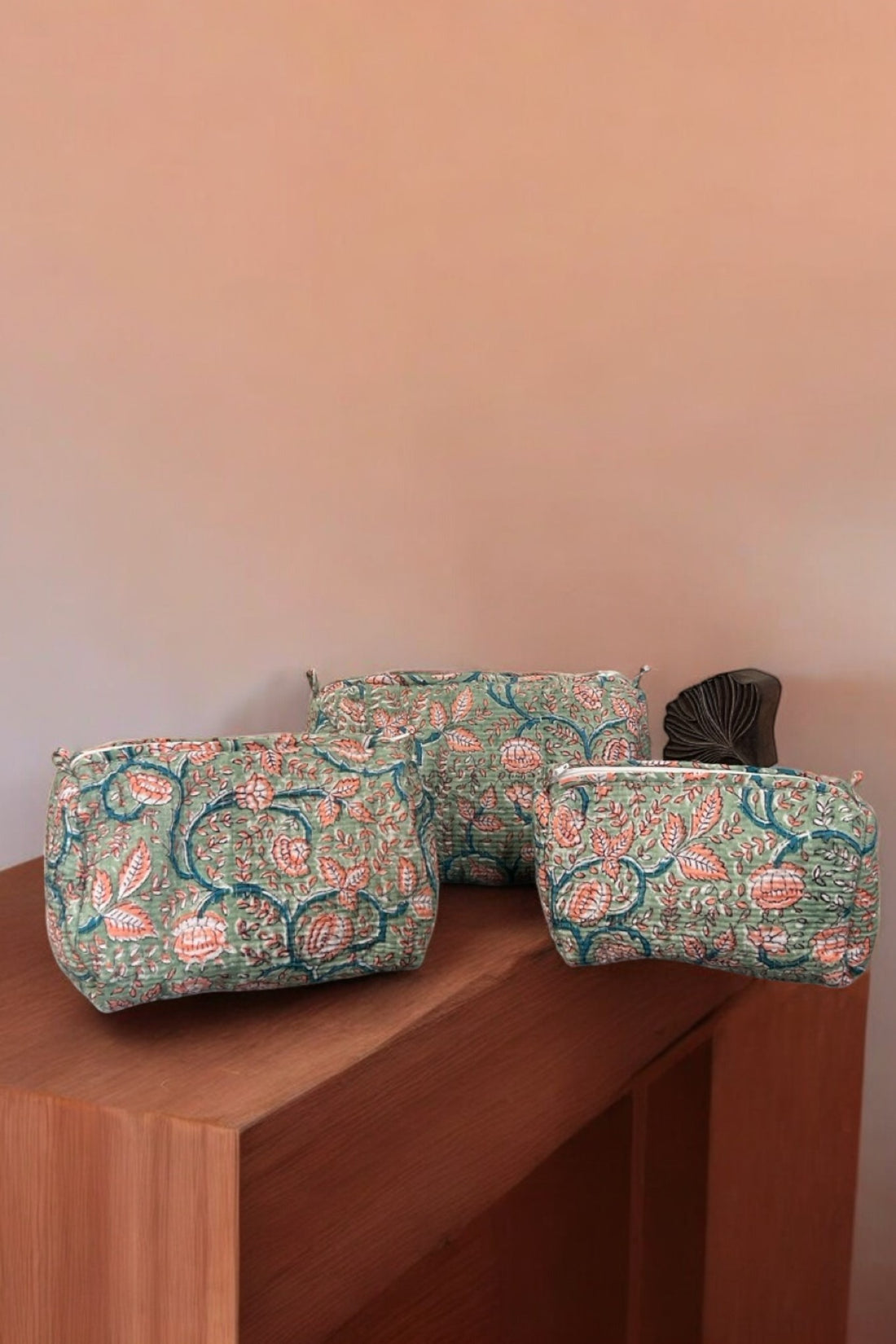 Set of 3 Travel Toiletry Pouches Sea Green Orange Dahlias