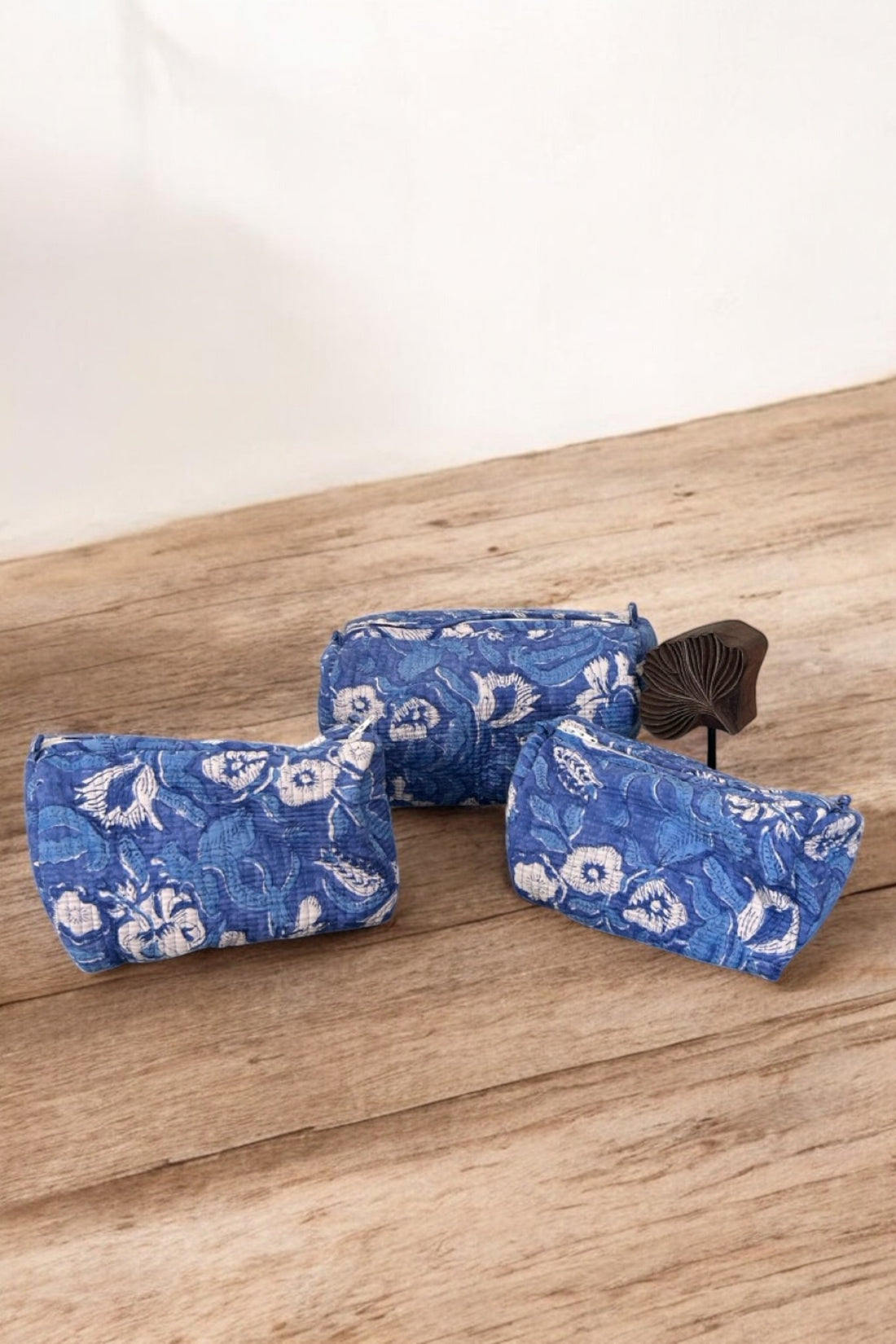 Set of 3 Travel Toiletry Pouches Blue White Floral