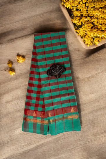 chettinad cotton saree - sea green & red chequered