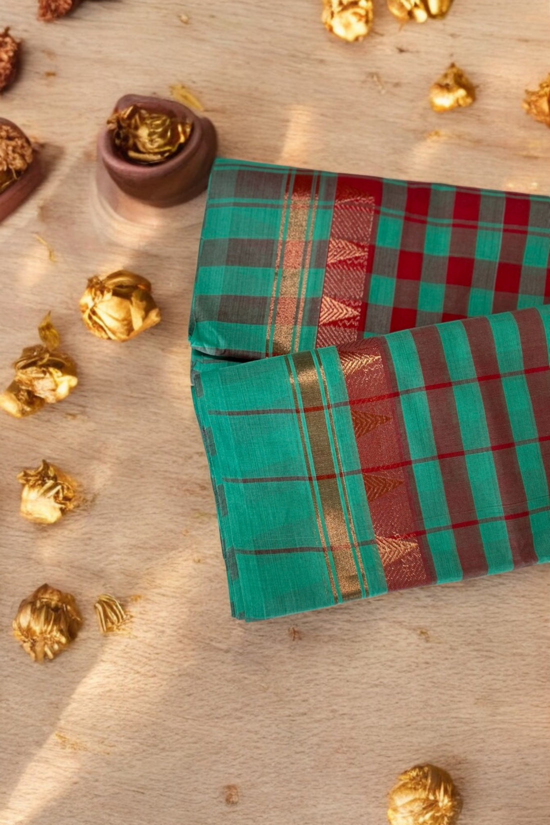 chettinad cotton saree - sea green & red chequered