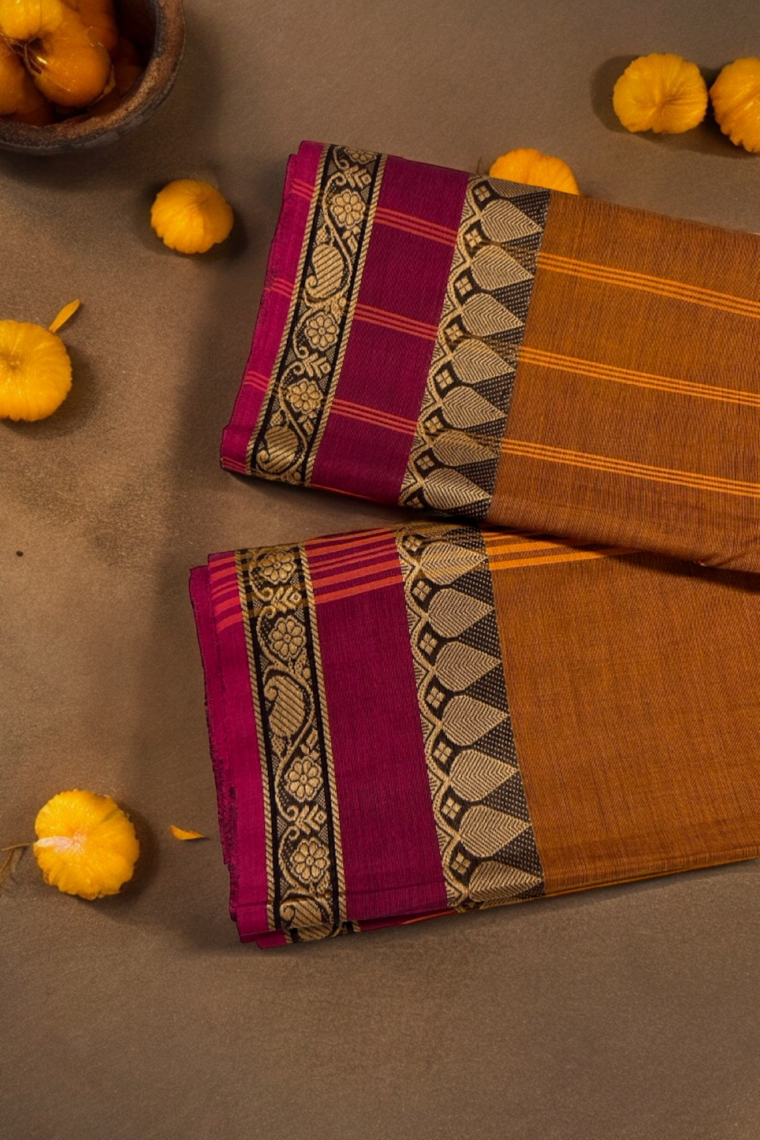 chettinad cotton saree - tarnished gold & leaf border