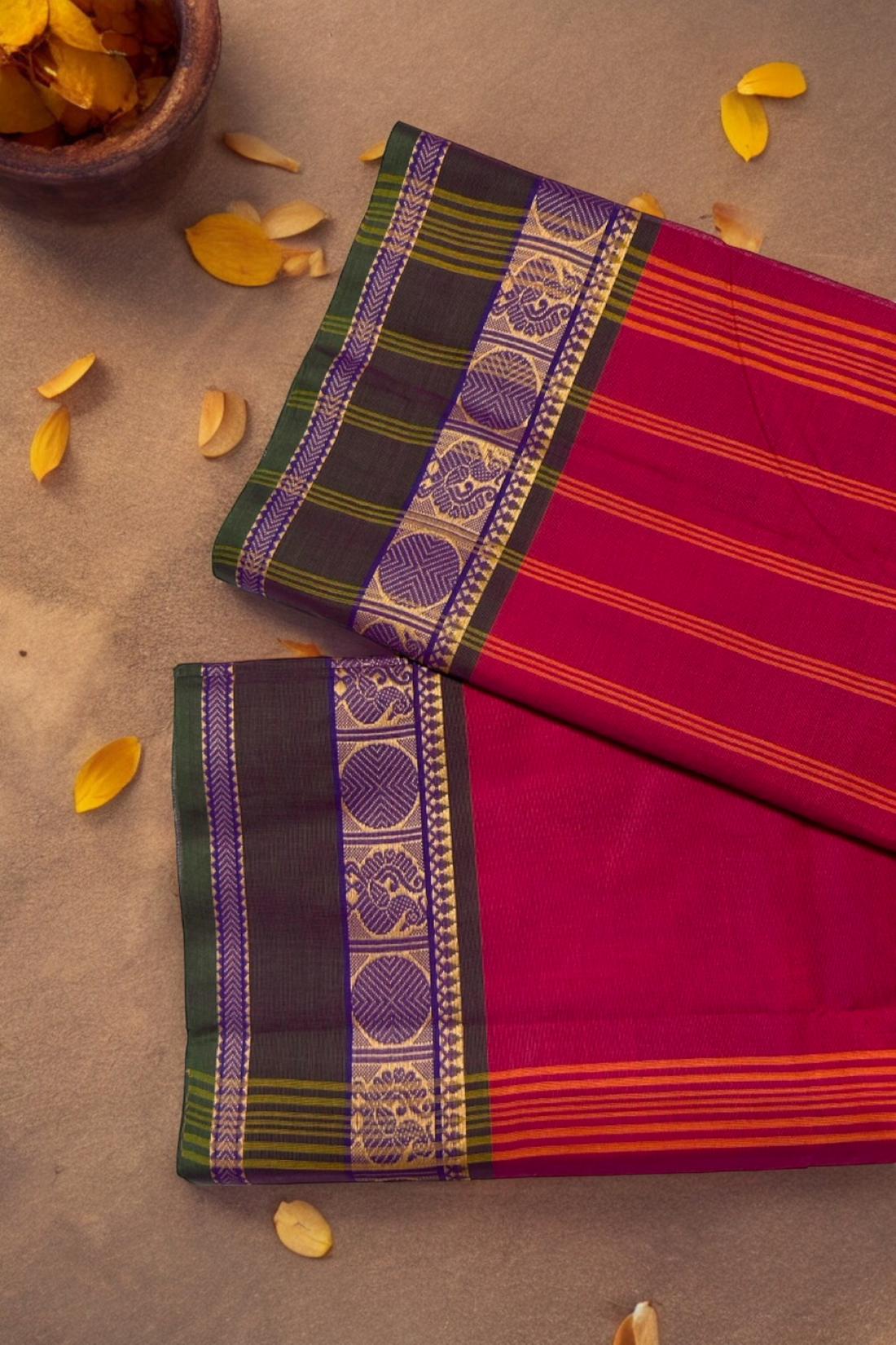 chettinad cotton saree - magenta pink & purple peacock