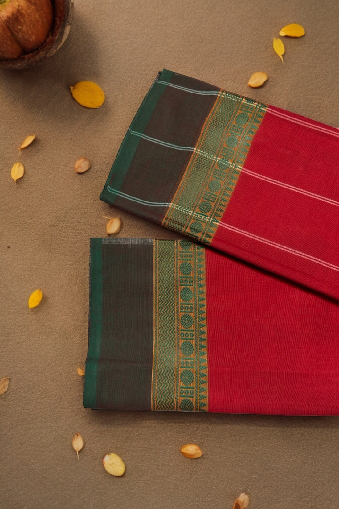 chettinad cotton saree - earthy red & green border