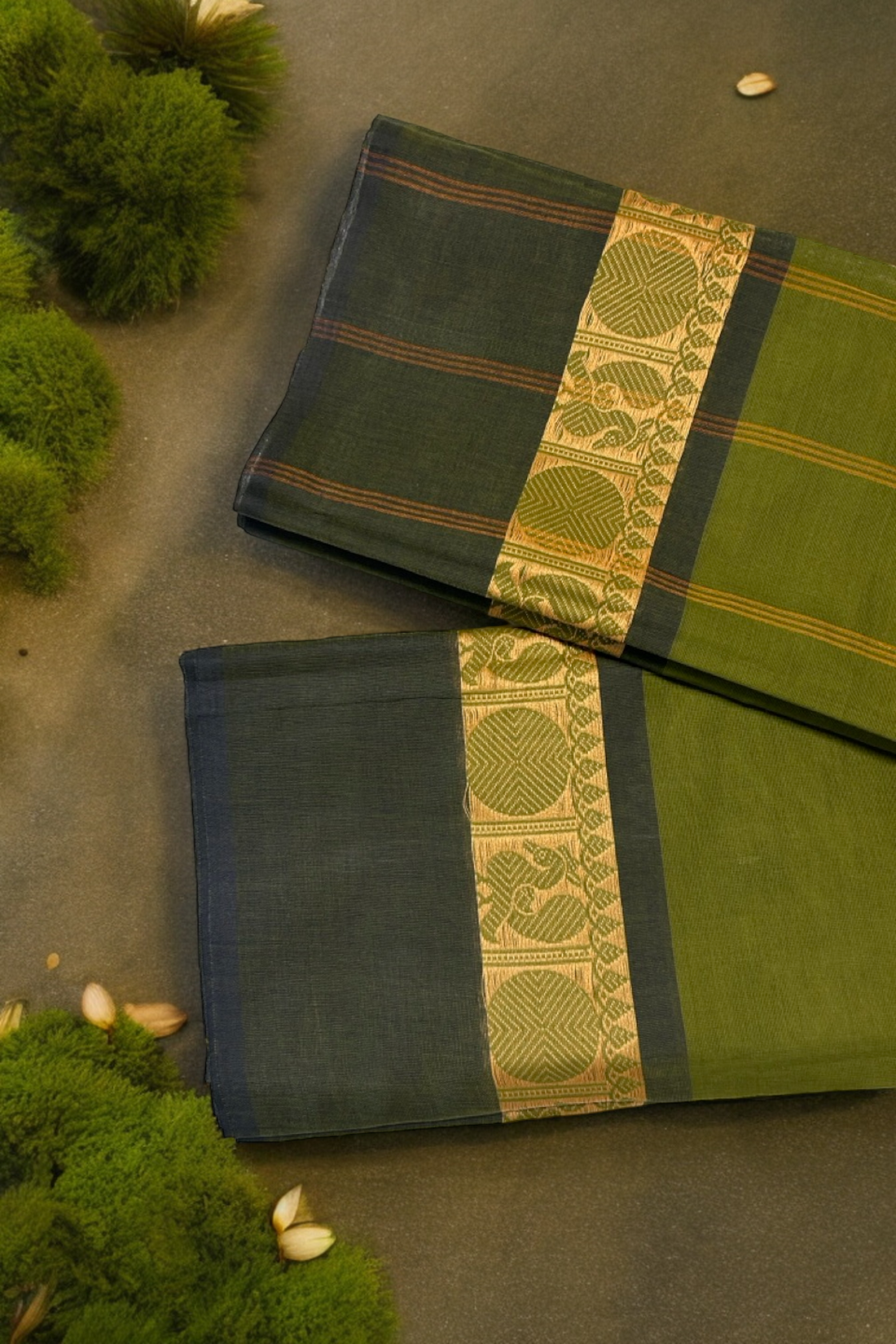 chettinad cotton saree - olive green & gold peacock