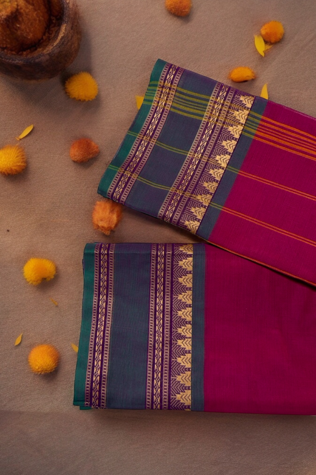 chettinad cotton saree - celebratory wine & gold border