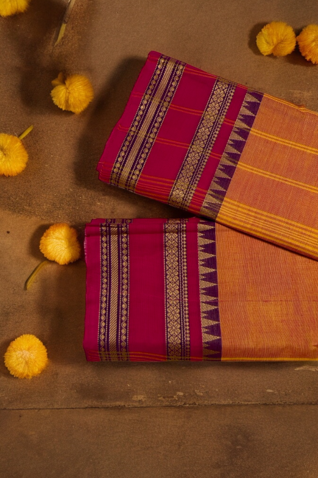 chettinad cotton saree - sandalwood gold & pink temple border