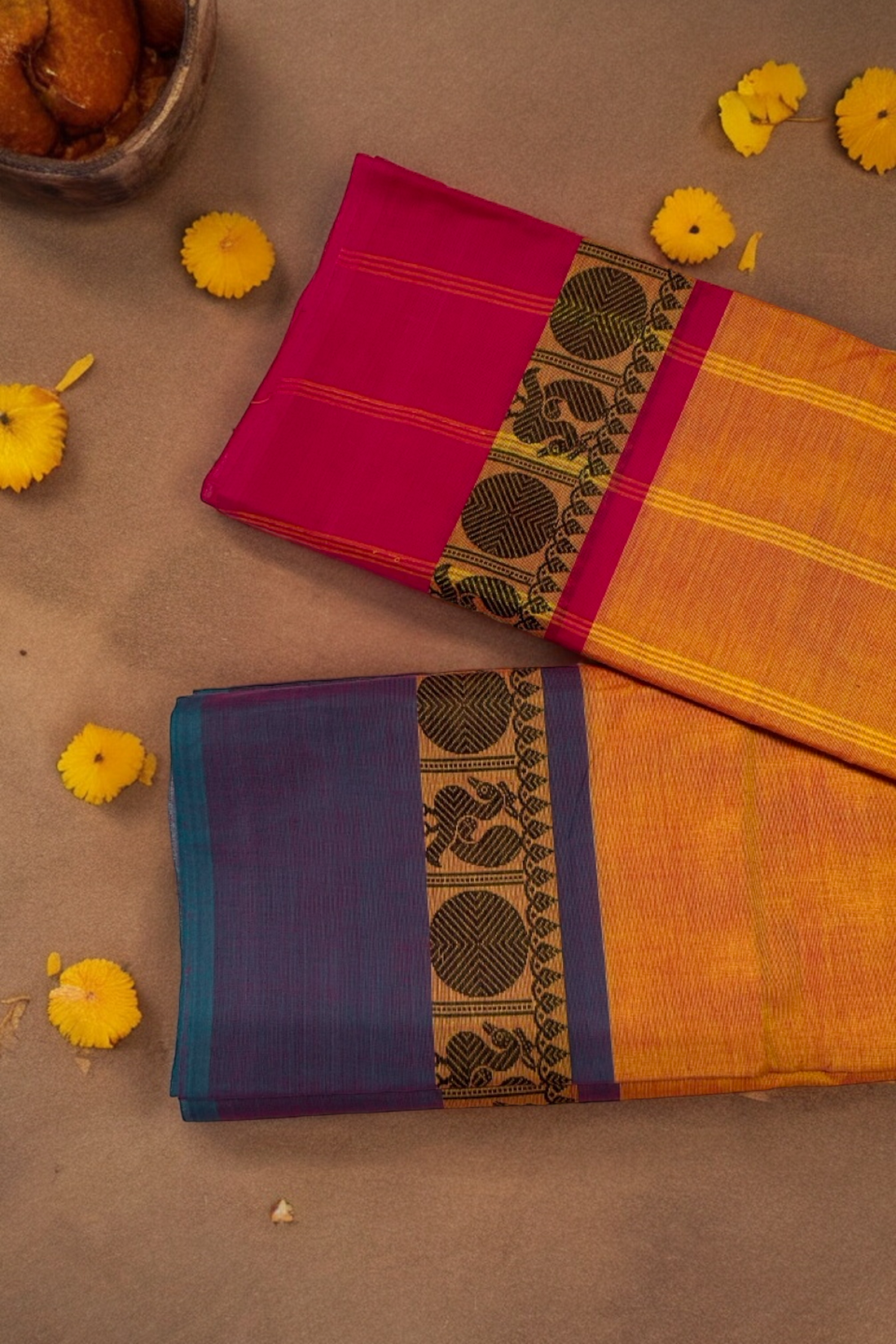 chettinad cotton saree - golden poppy & ganga jamuna border