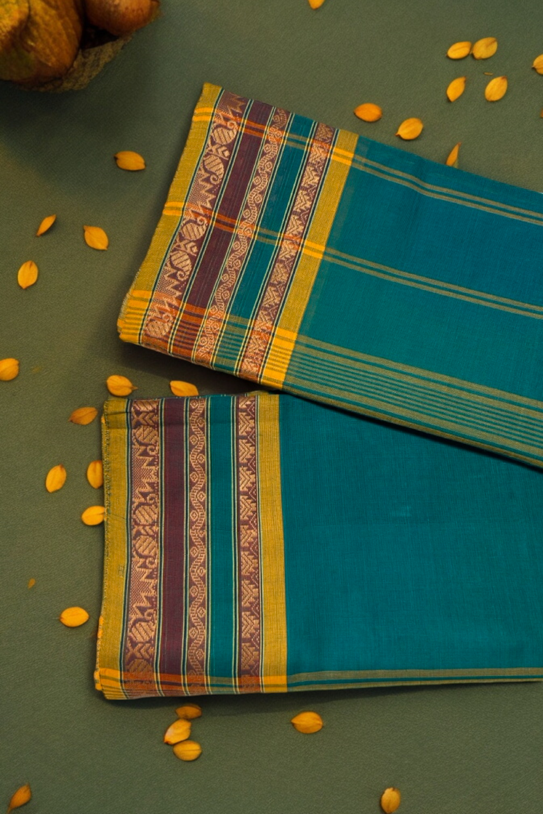 chettinad cotton saree - sea green & gold border