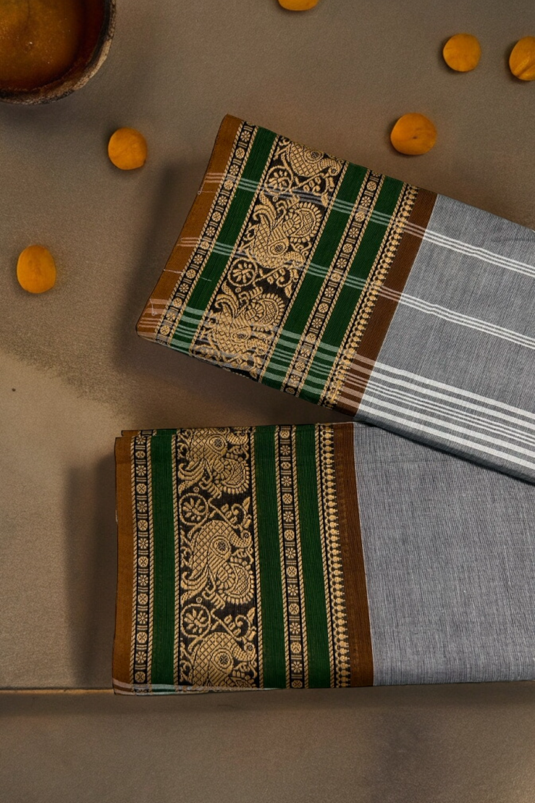 chettinad cotton saree - ash grey & gold peacocks