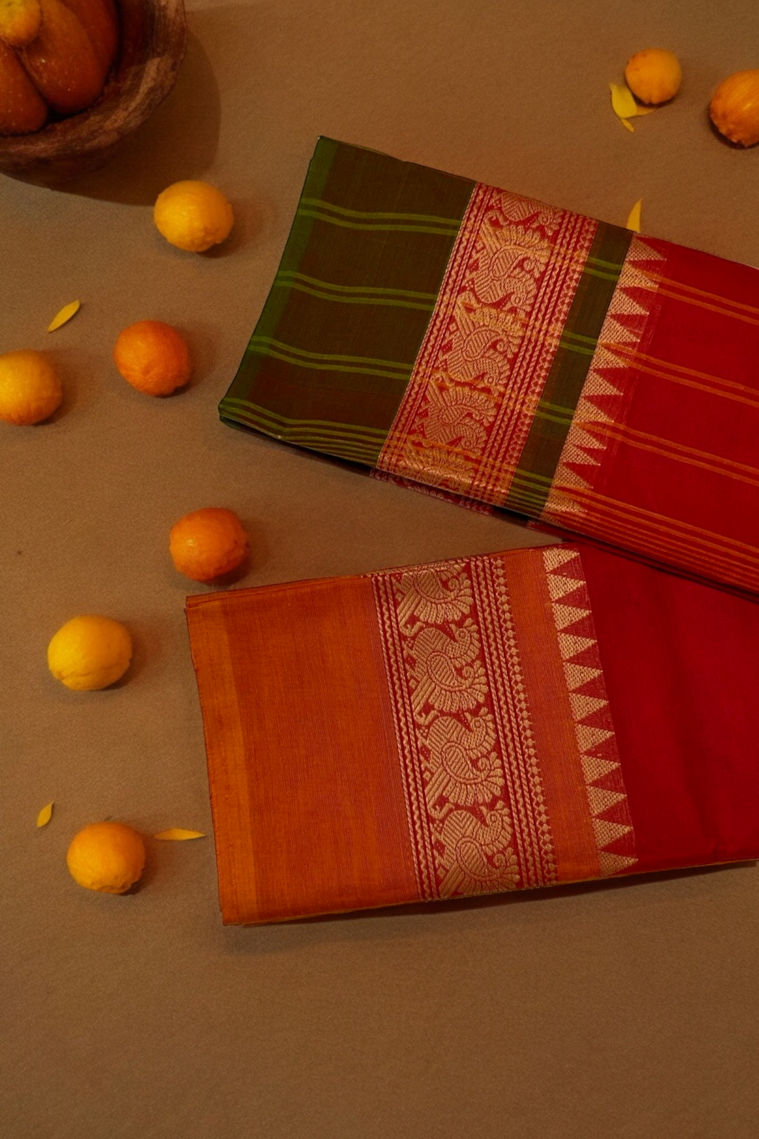 chettinad cotton saree - vibrant red & golden peacocks border