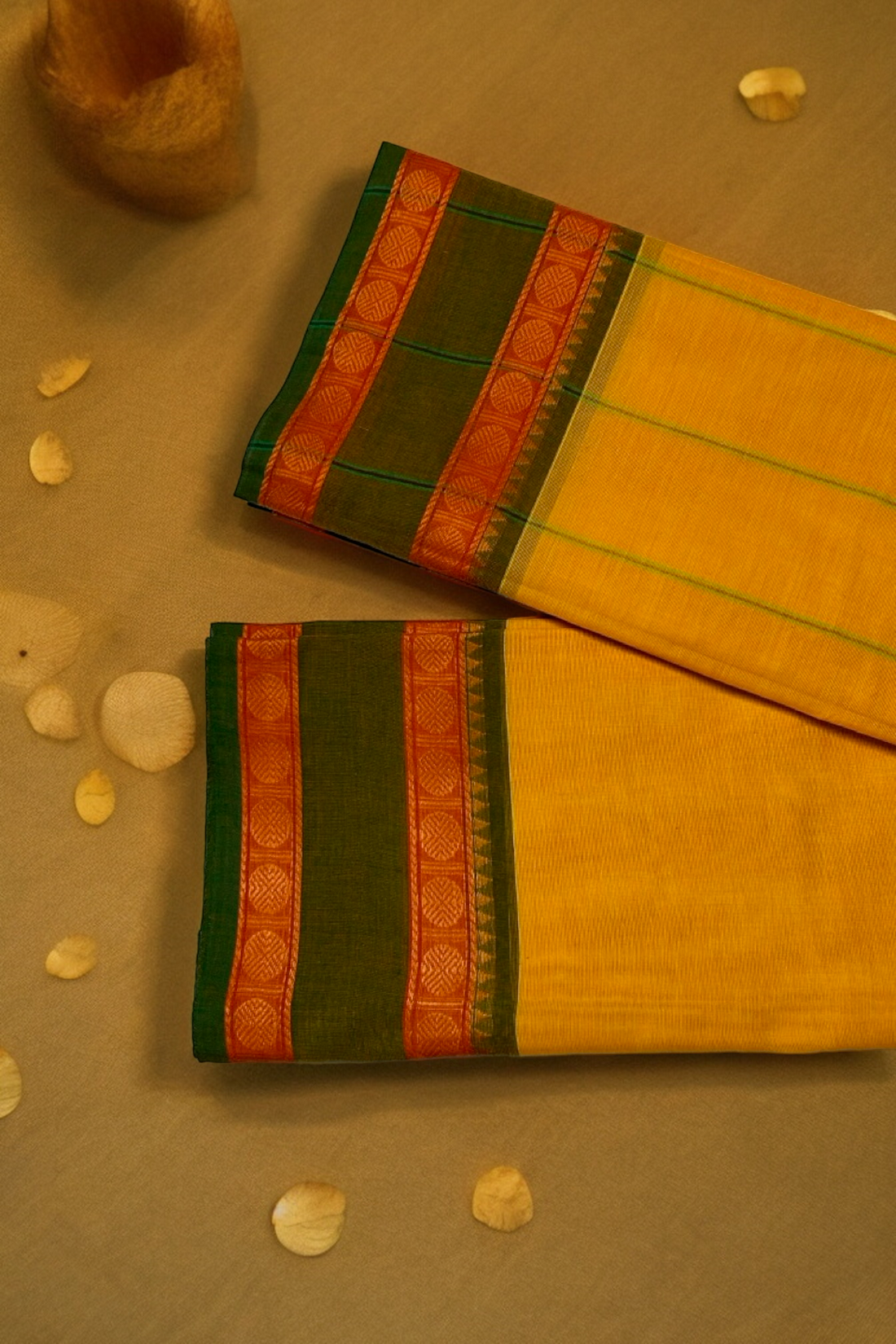 chettinad cotton saree - mango yellow & green border