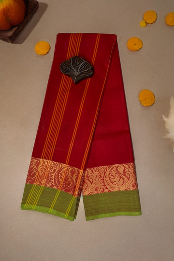 chettinad cotton saree - madder red & golden paisley