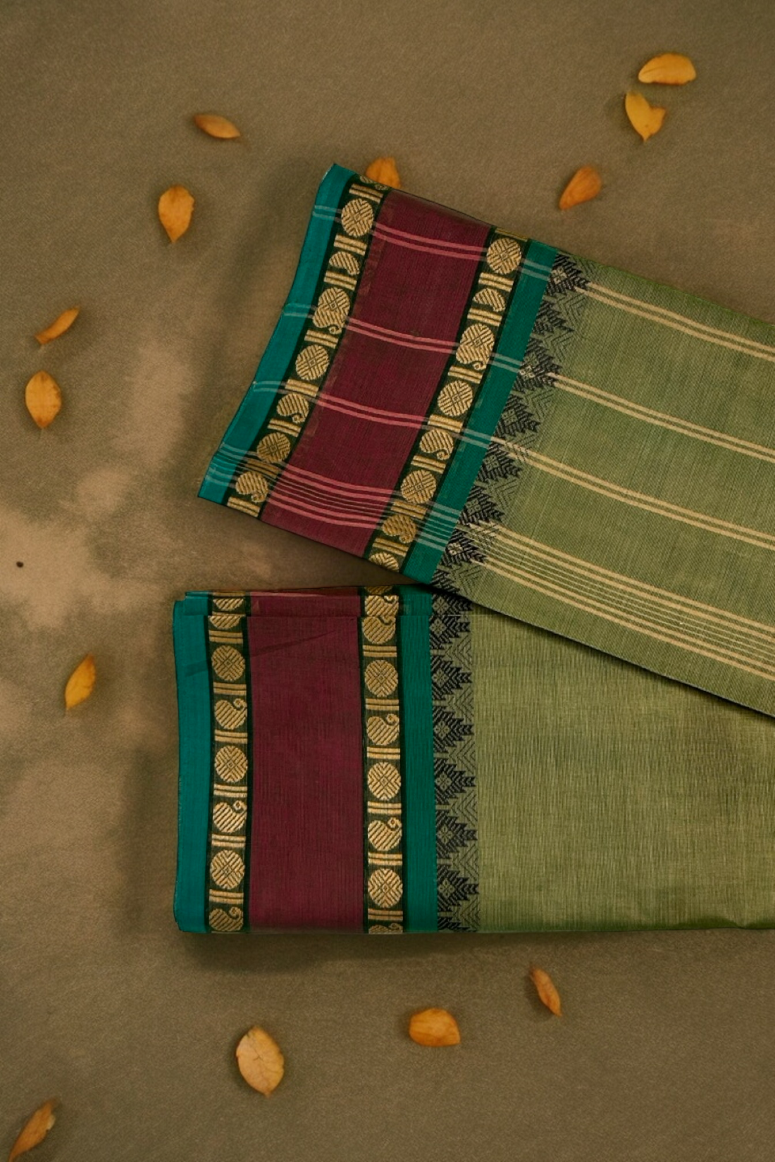 chettinad cotton saree - english green & pastel gold