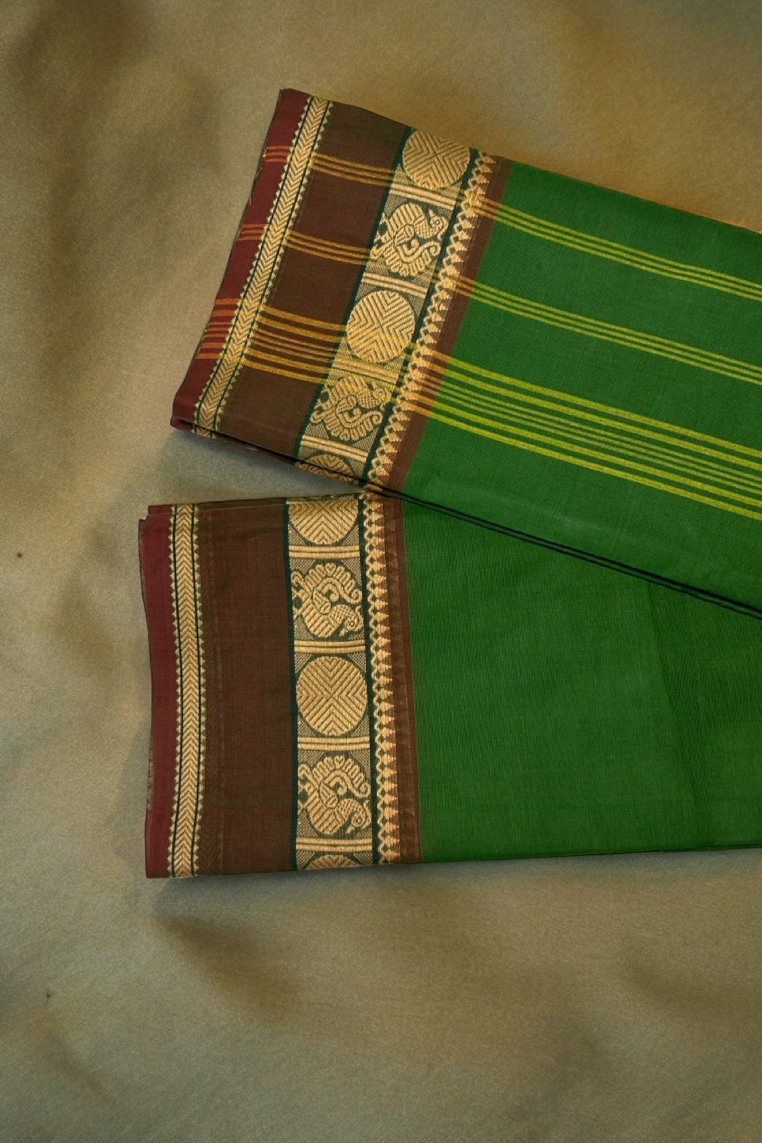 chettinad cotton saree - earthy green & brown border