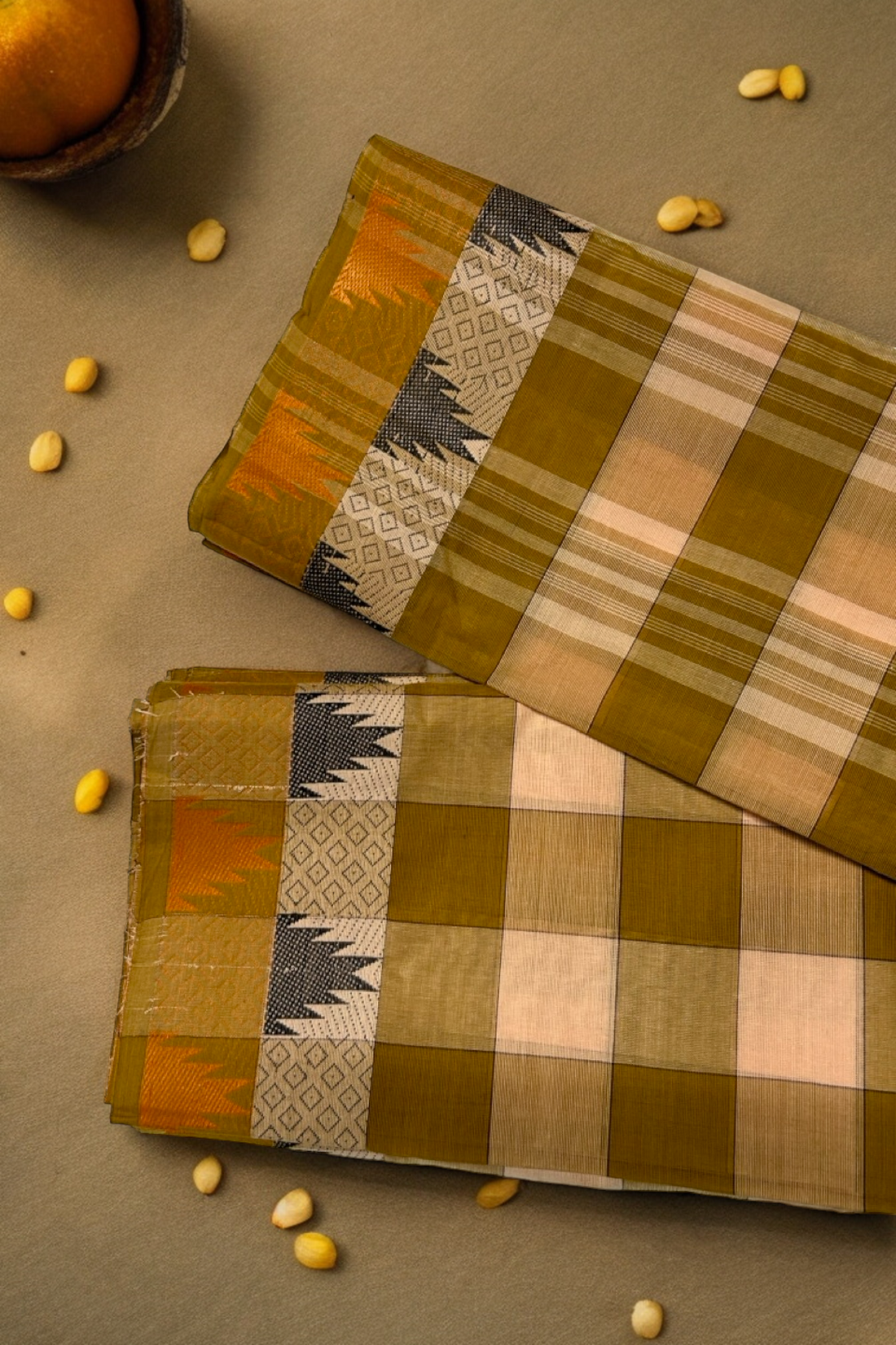 chettinad cotton saree - beige ochre checks & temple border