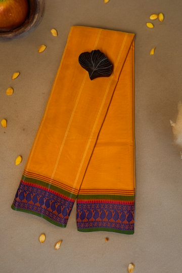 chettinad cotton saree - sunshine yellow & indigo paisley