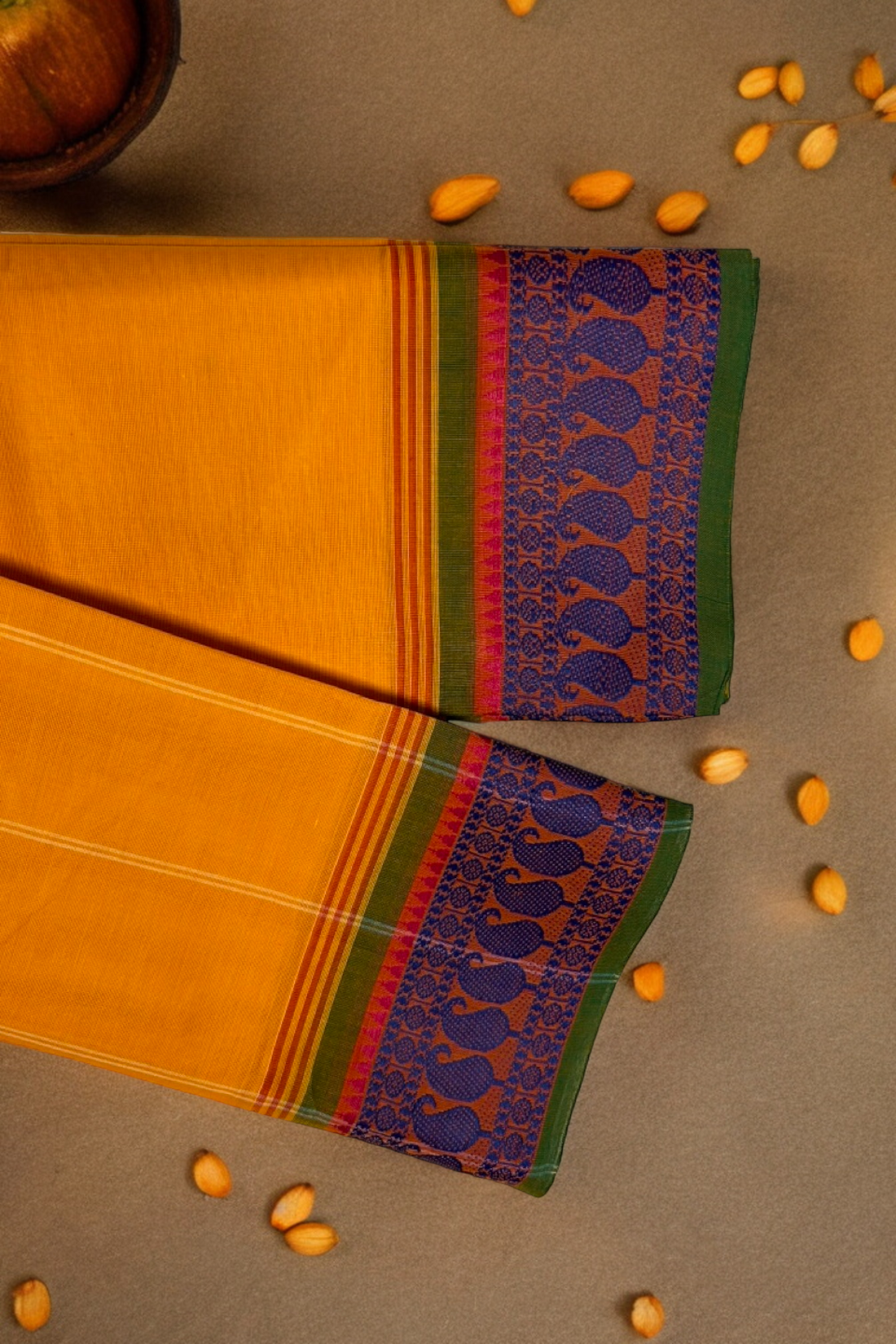 chettinad cotton saree - sunshine yellow & indigo paisley