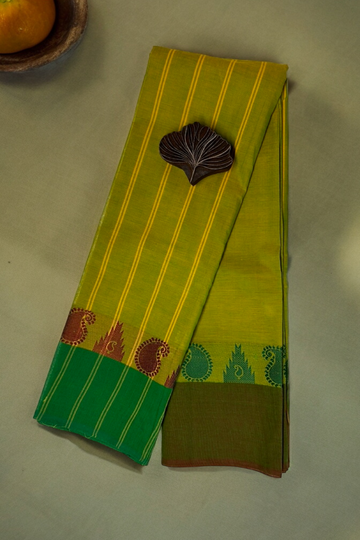 chettinad cotton saree - leaf green & dual border