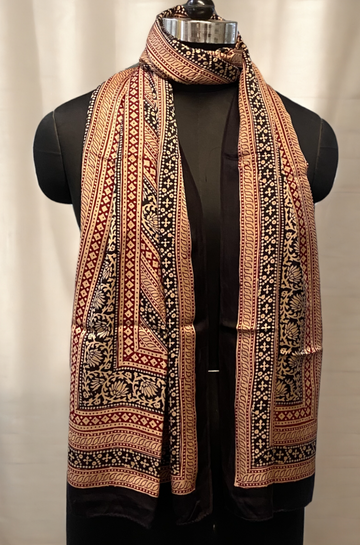 bagh silk stole black lotus & red dots