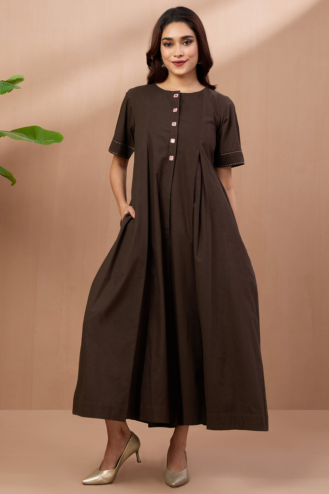 Cocoa Brown Cotton Jumpsuit with Pockets and Front Opening
