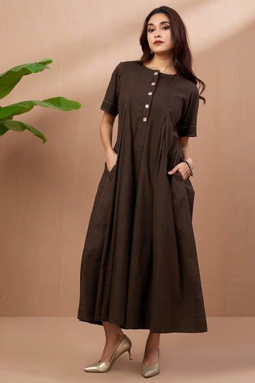 Cocoa Brown Cotton Jumpsuit with Pockets and Front Opening