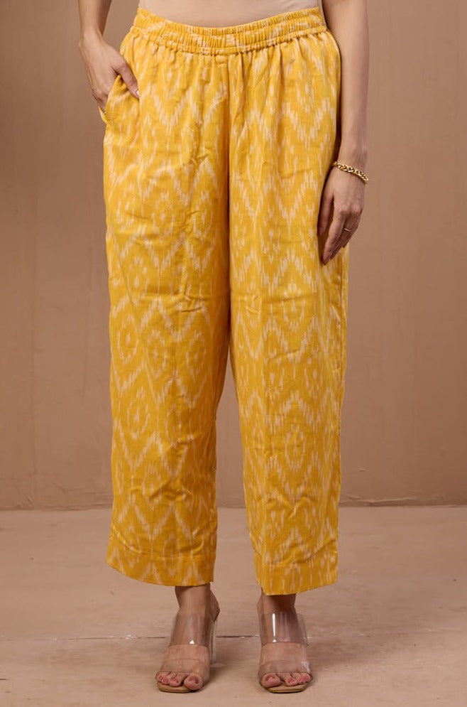 comfort fit ankle length narrow pants  - yellow ikat cotton printed pants