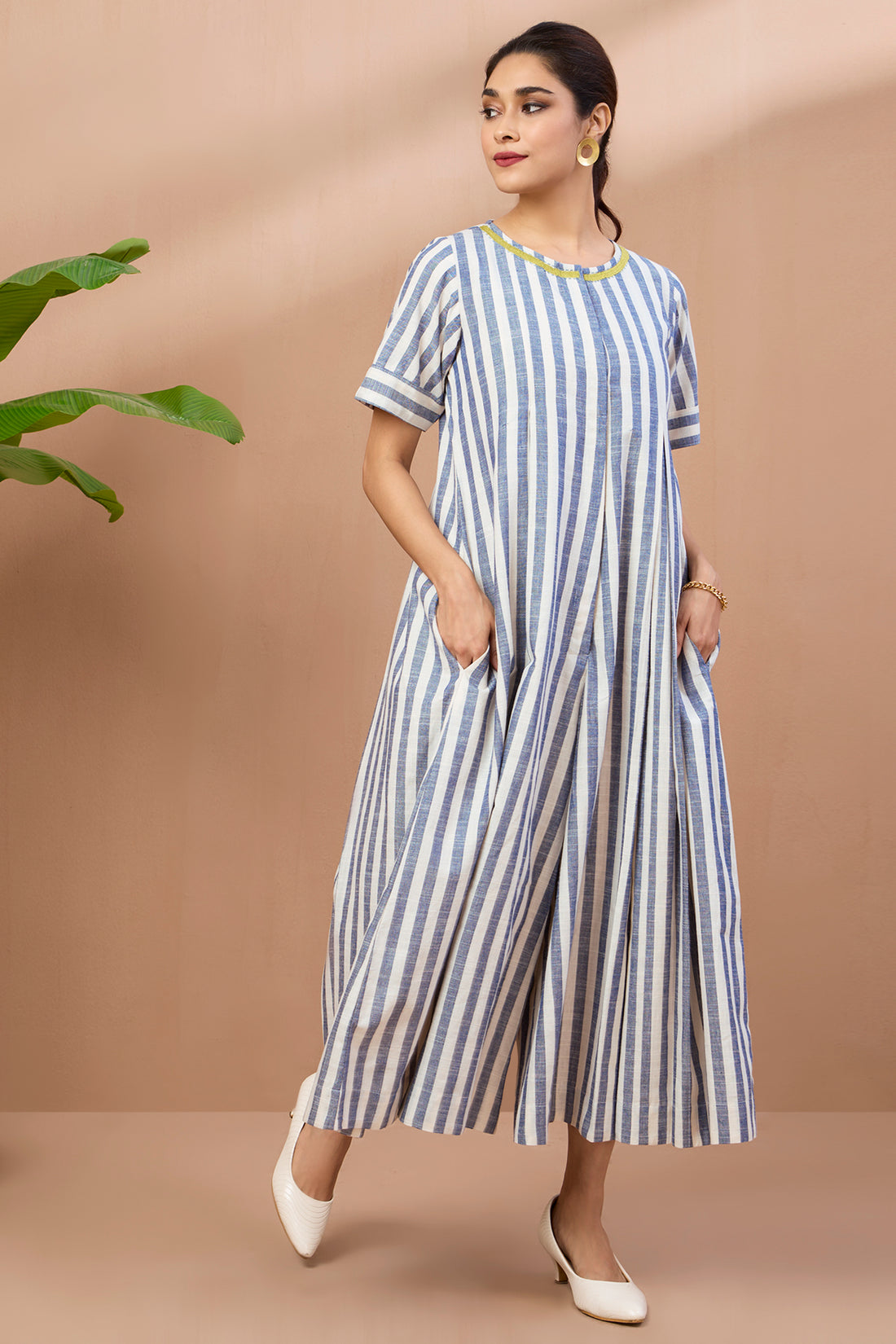 Powder Blue Stripes Cotton Jumpsuit with Pockets and Front Opening