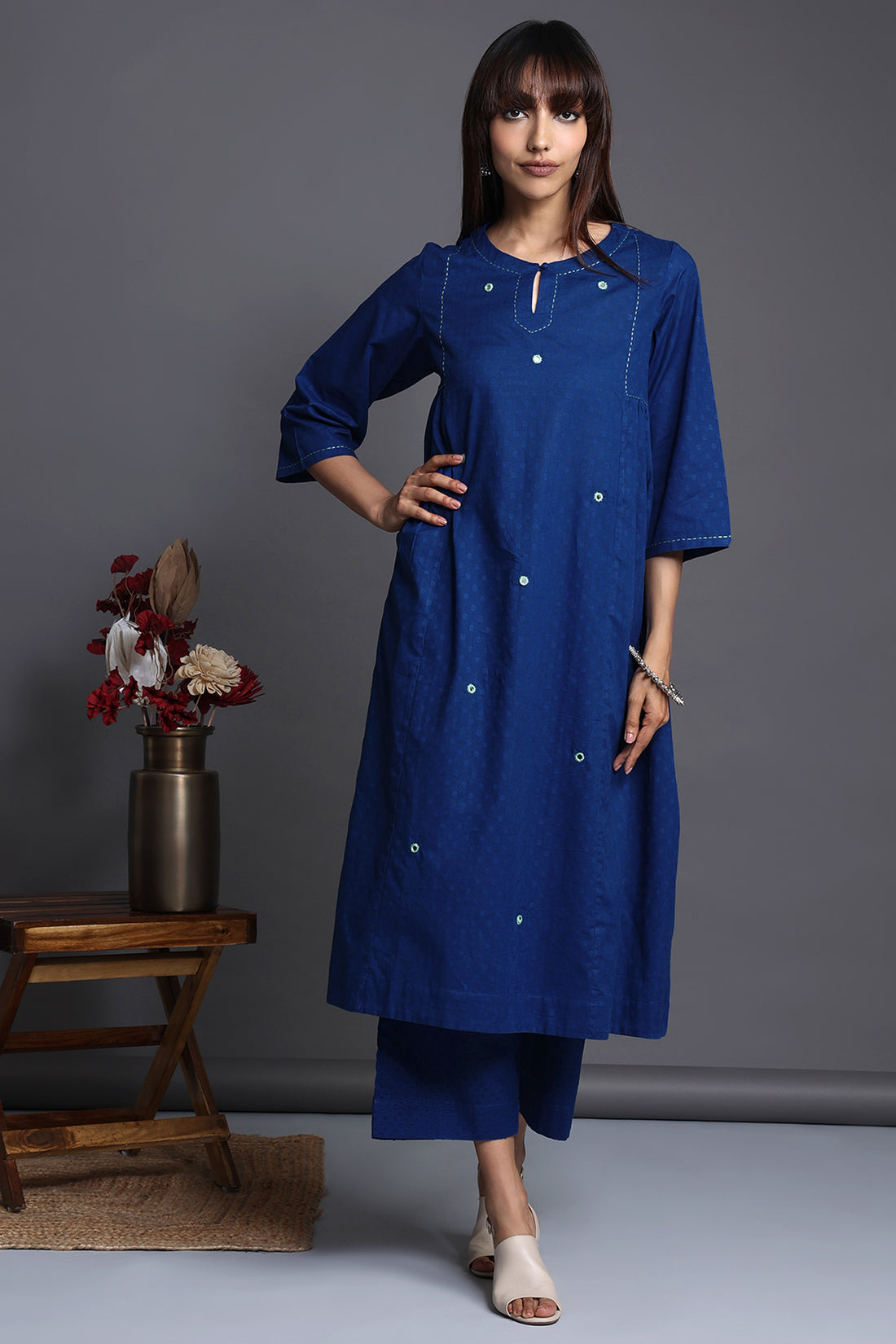 side gather a-line kurta - sapphire elegance & royal reflections