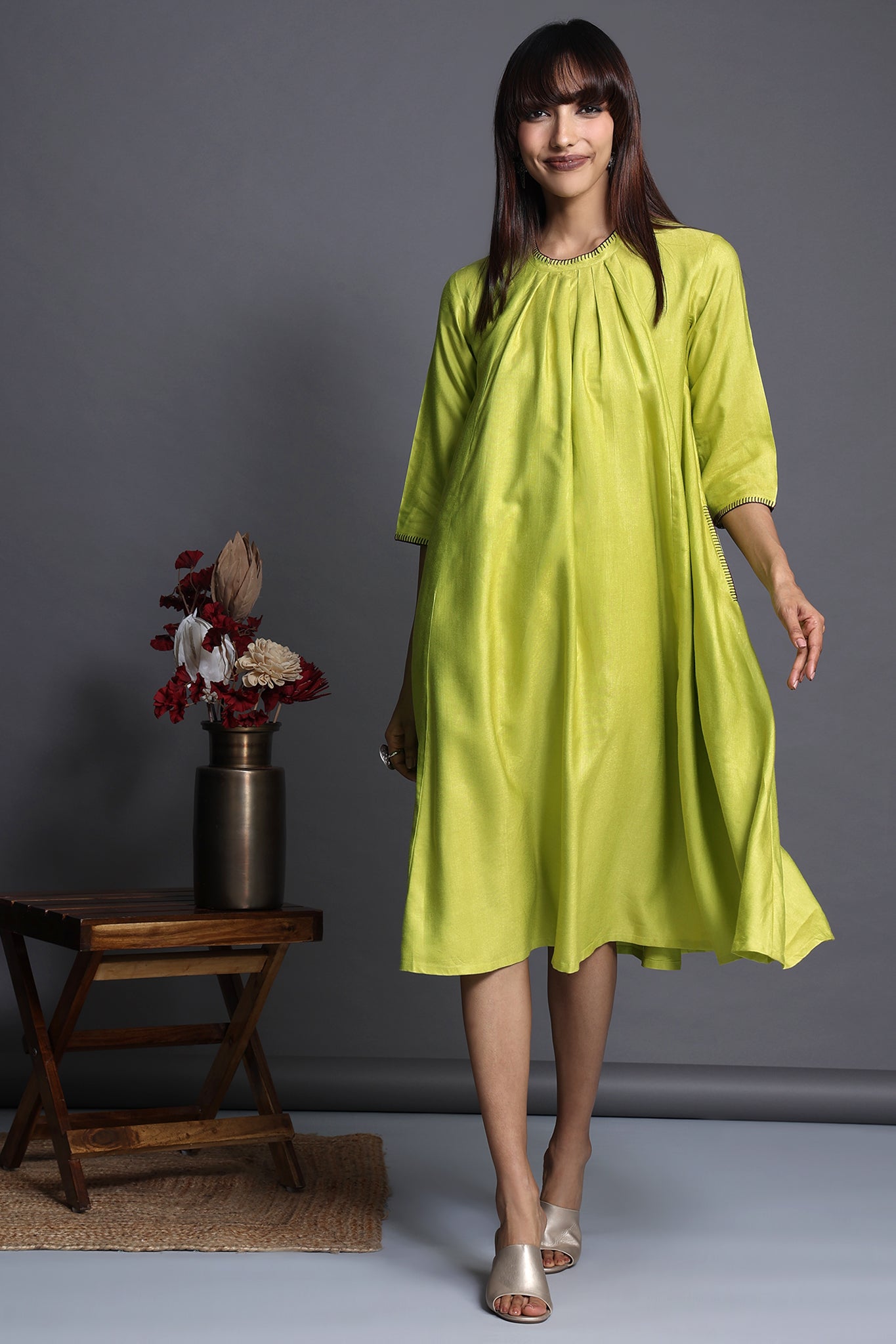 crew neck silk pleated dress - glinting lime & silk radiance - maati crafts