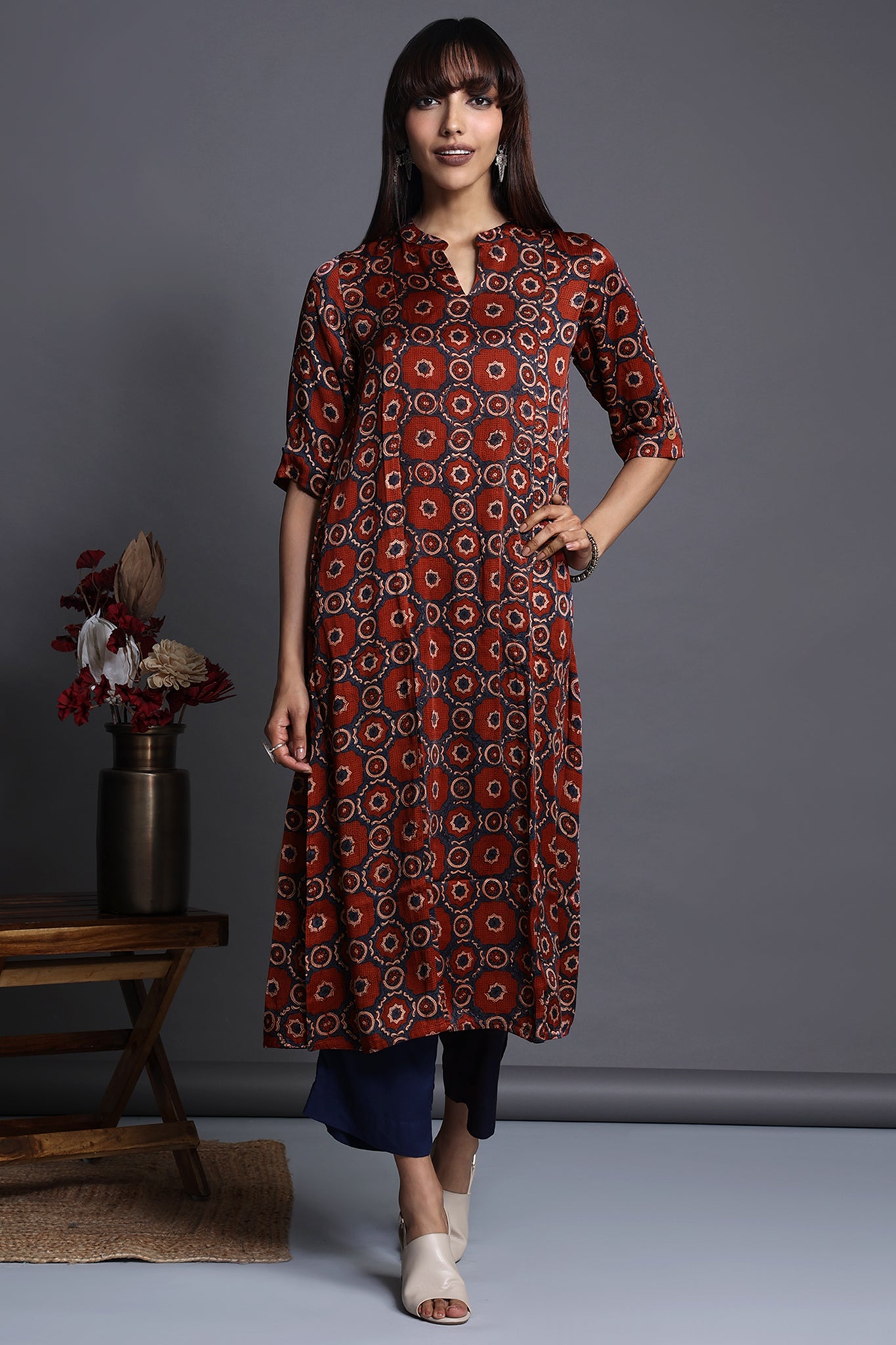 long yoke modal silk panel kurta - crimson seascape & old world charm ...