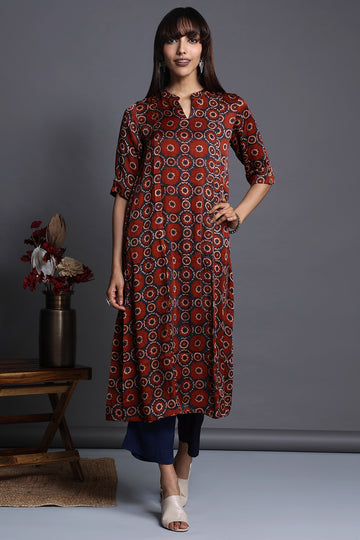 long yoke modal silk panel kurta - crimson seascape & old world charm