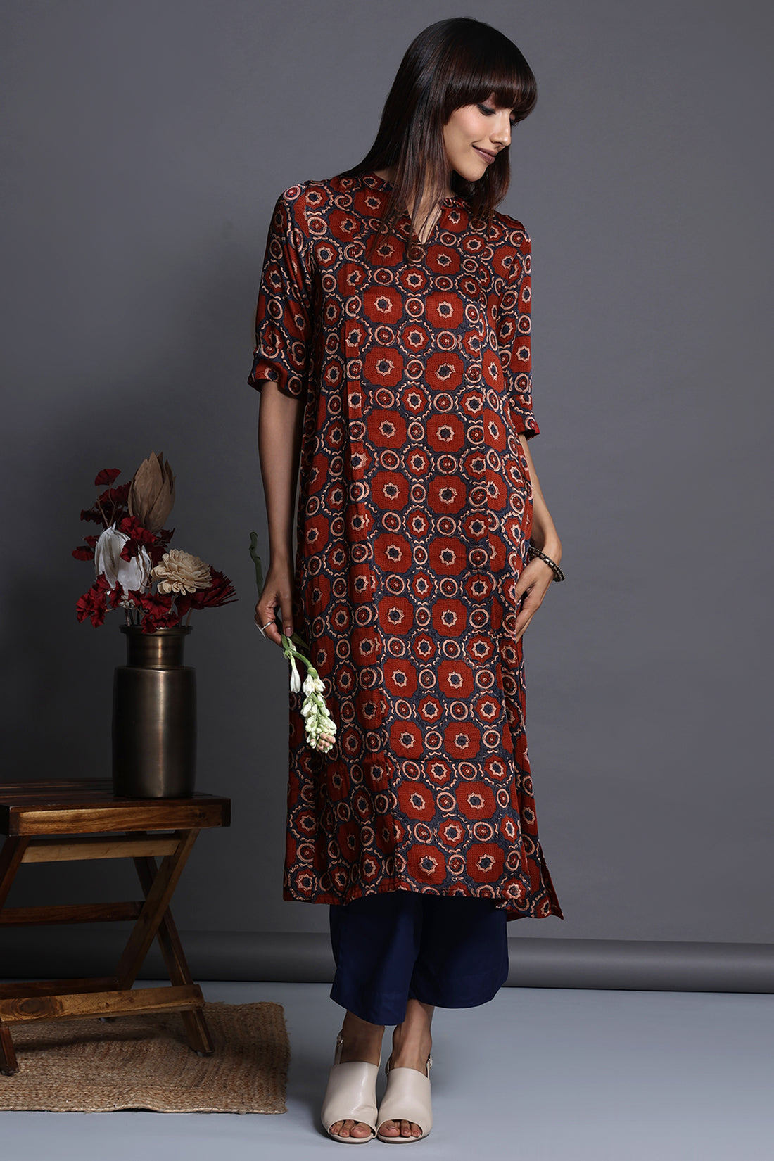 long yoke modal silk panel kurta - crimson seascape & old world charm